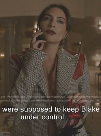 Cristal's brown plaid leather panel blazer on Dynasty