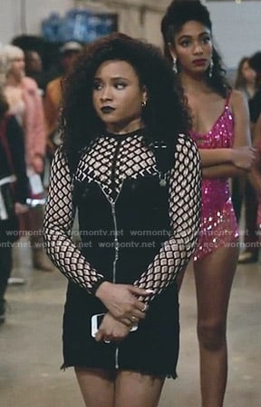 Maya's white mesh top and pinafore dress on Empire