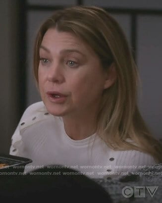 Meredith's white ribbed button detail top on Grey's Anatomy