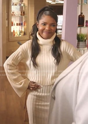 Alex's white ribbed sweater and skirt set on Star