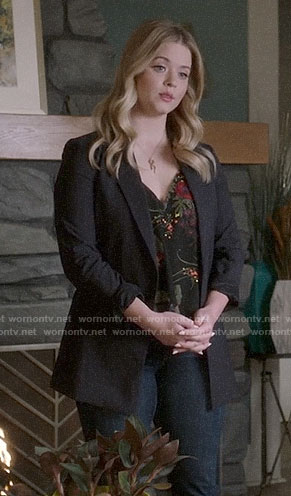 Ali's floral top and navy pinstripe blazer on Pretty Little Liars The Perfectionists