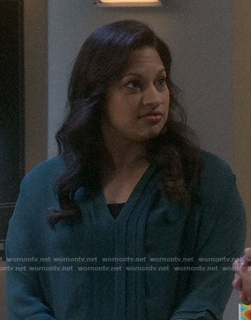 Anu's green pleated blouse on The Big Bang Theory