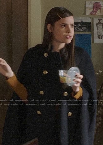 Ava's navy cape coat with gold buttons on Pretty Little Liars The Perfectionists