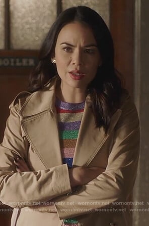 Mona's rainbow stripe sweater and lace-up back trench coat on Pretty Little Liars The Perfectionists