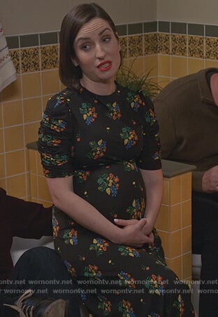 Jen's black floral maternity dress on Life in Pieces