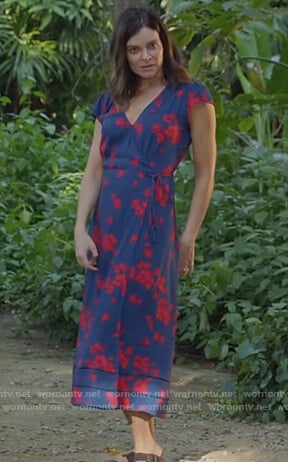 Heather's blue floral wrap dress on Life in Pieces