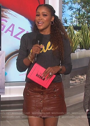 Eve's brown leather mini skirt on The Talk