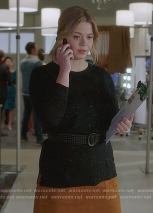 Ali's metallic sweater and suede mini skirt on Pretty Little Liars The Perfectionists