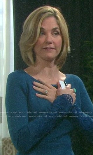 Eve's teal blue dress with lace cuffs on Days of our Lives