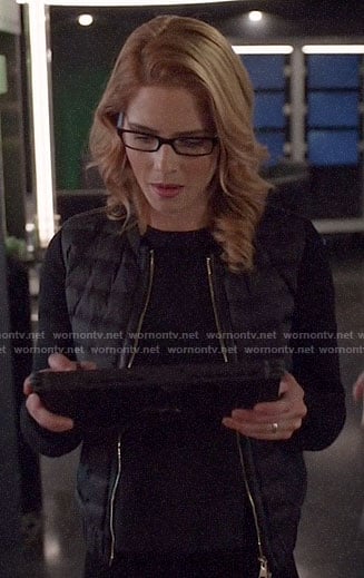 Felicity's black puffer jacket with leather trim on Arrow