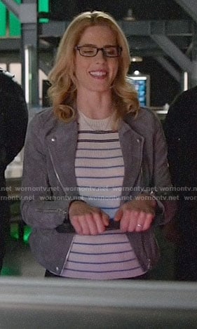 Felicity's striped top and grey suede moto jacket on Arrow