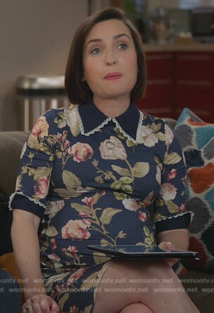 Jen's black floral collared dress on Life in Pieces