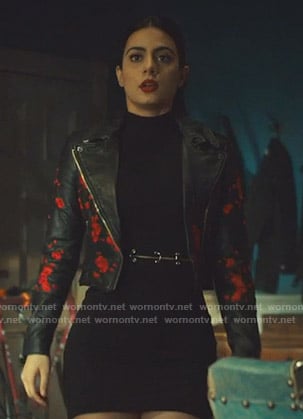 Isabelle's black floral embroidered moto jacket on Shadowhunters
