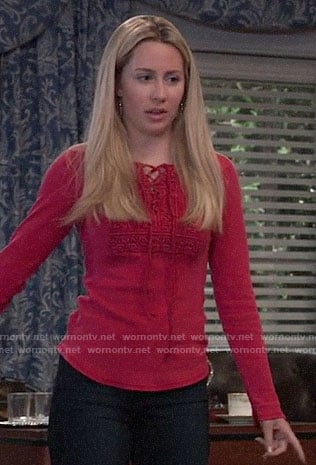 Josslyn's pink embroidered lace-up top on General Hospital