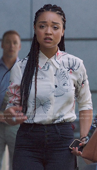 Kat's spiderweb print shirt on The Bold Type