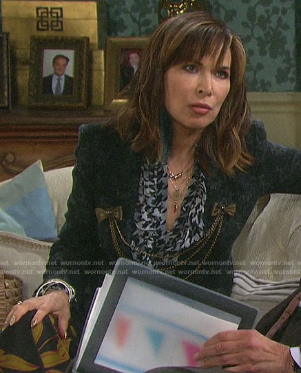 Kate's ruffled houndstooth blouse and damask print blazer on Days of our Lives