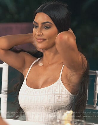 Kim's white Fendi logo mini dress on Keeping Up with the Kardashians