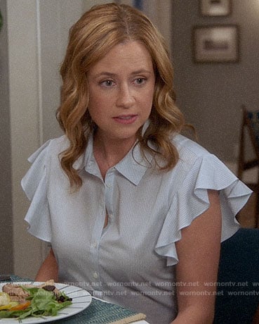 Lena's pinstriped ruffle sleeve shirt on Splitting Up Together