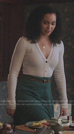 Macy's white cardigan with multi color buttons and green polka dot skirt on Charmed