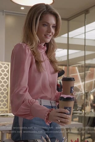 Sutton's pink ruffle neck blouse on The Bold Type