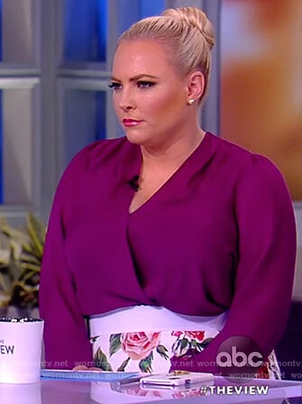 Meghan's purple wrap top and floral skirt on The View