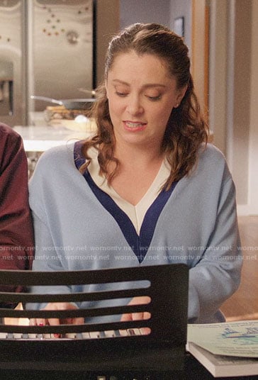Rebecca's blue stripe trim sweater on Crazy Ex-Girlfriend