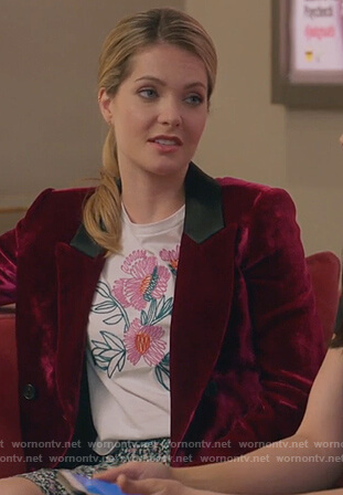 Sutton's velvet blazer and floral skirt on The Bold Type