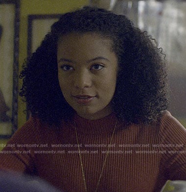 Ros's brown ribbed mock neck top on Chilling Adventures of Sabrina