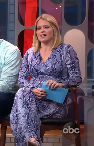 Sara's blue snake print wrap dress on GMA Strahan And Sara