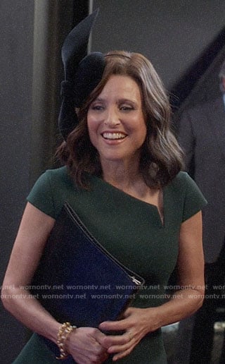 Selina's green asymmetric neckline dress on Veep