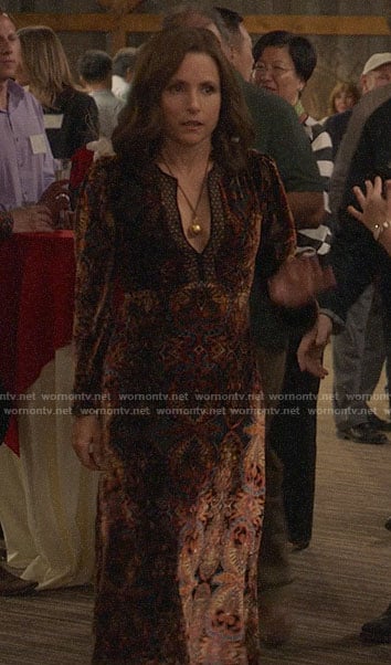 Selina's velvet maxi dress on Veep