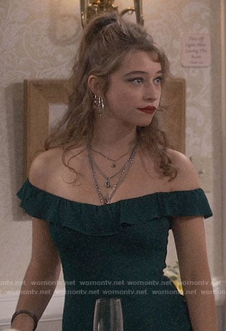 Shannon's green off-shoulder dress on Fam