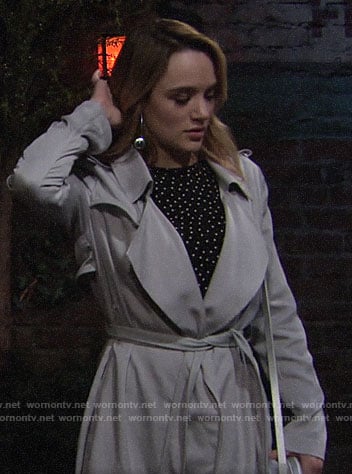 Summer's light grey trench coat on The Young and the Restless