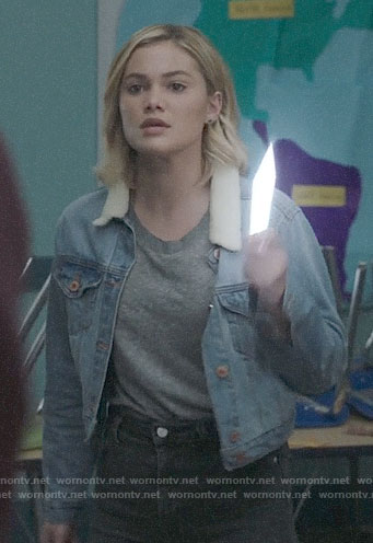Tandy's cropped denim jacket with shearling collar on Cloak and Dagger
