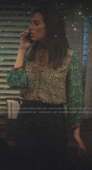 Tessa's mixed print tie-neck blouse on Charmed