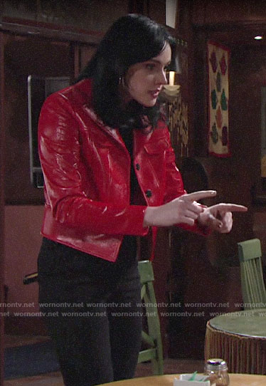 Tessa's red shiny leather jacket on The Young and the Restless