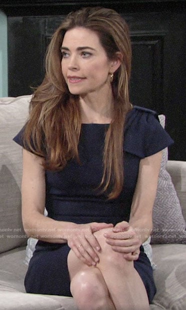 Victoria's navy bow-shoulder dress on The Young and the Restless