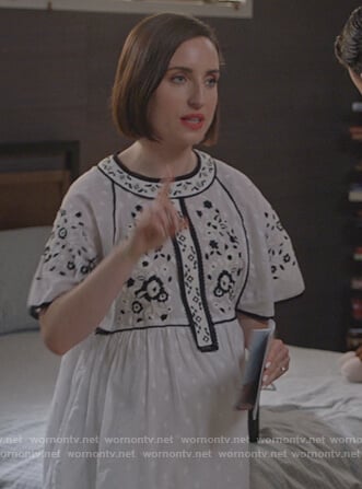 Jen's white embroidered dress on Life in Pieces
