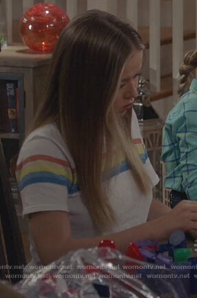 Sam's white rainbow stripe tee on Life in Pieces
