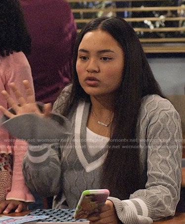 Xuan's grey cable knit sweater with bell cuffs on No Good Nick