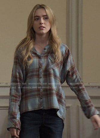 Allie's blue plaid oversized shirt on The Society