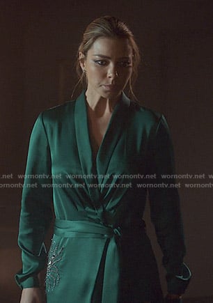 Chloe's green embellished wrap dress on Lucifer