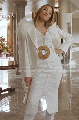 Dominique's white feather blazer and pencil skirt on Charmed