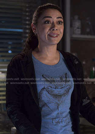 Ella's blue Fluff Off cat print tee on Lucifer