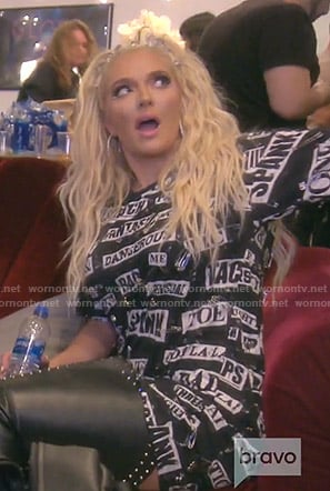 Erika's black slogan patch mini dress on The Real Housewives of Beverly Hills