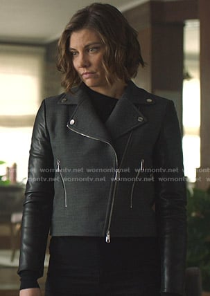Frankie's grey moto jacket with leather sleeves on Whiskey Cavalier