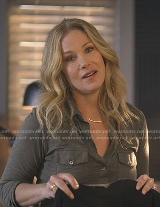 Jen's green button down shirt on Dead to Me