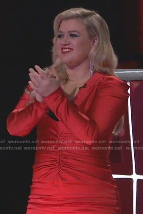 Kelly Clarkson's red ruched front dress on The Voice