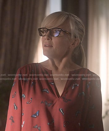 Linda's red butterfly print blouse on Lucifer