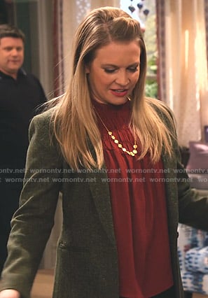 Liz's red smocked top and green blazer on No Good Nick